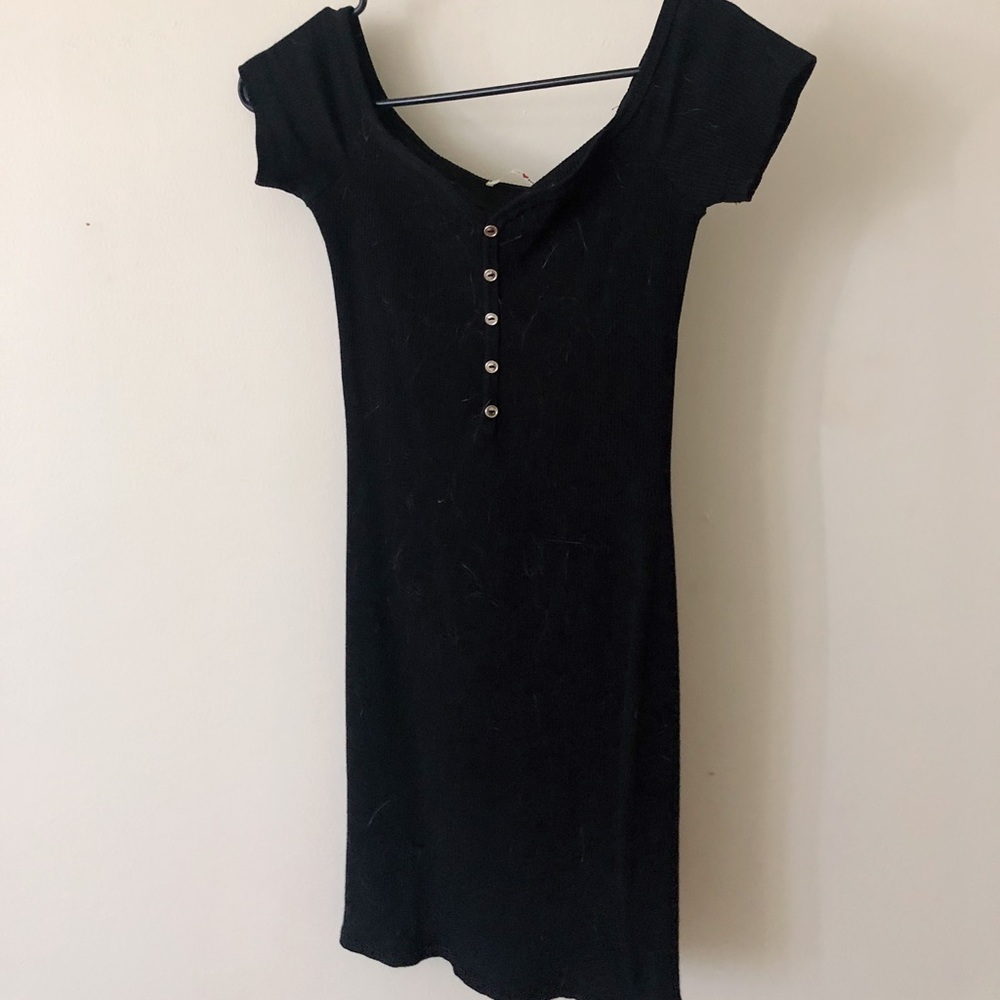 Off shoulder black button up dress